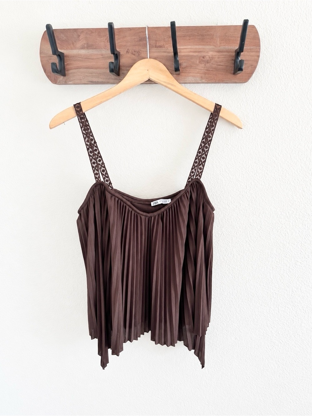 Zara Dark Brown Accordion Pleated Lace Strap Handkerchief Hem Camisole Medium
